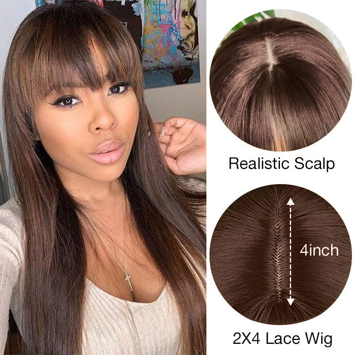 #4 Chocolate Brown Straight Wig With Bangs Glueless Top 2x4 Lace Wig With Bangs Alexwigs