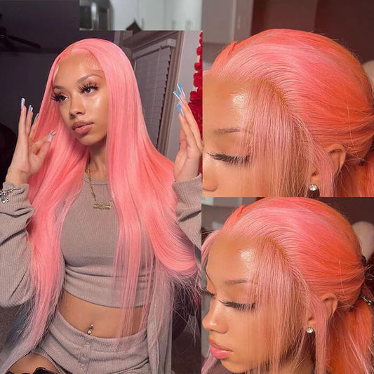13x4 HD Lace Frontal Human Hair Wigs Straight Pink Color Wig For Women Pre Plucked Bleached Knots Alexwigs