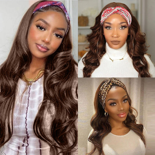 #4 Chocolate Brown Headband Wigs Virgin Human Hair No Gel No Glue Silk Scarf Wigs Alexwigs