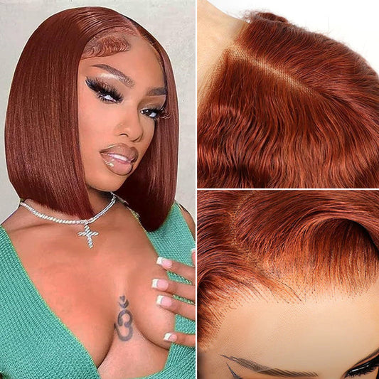 #33 Reddish Brown Color Straight Short Bob Red Brown Wig 13x4 Bob Lace Frontal Wigs 220% Density Alexwigs
