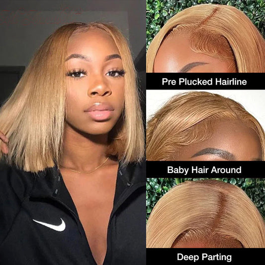 #27 Honey Blonde Short Straight Bob 13x4/4x4 Lace Wig 100% Human Virgin Hair Alexwigs