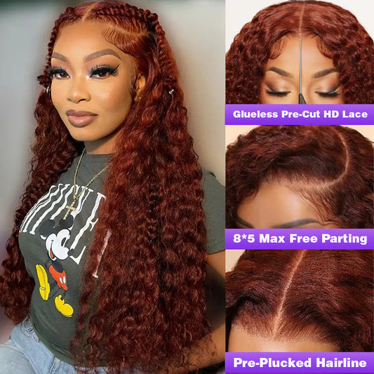 #33 Reddish Brown Water Wave Glueless Wig Big Parting 8*5 HD Lace Closure Wigs Ready To Wear Alexwigs