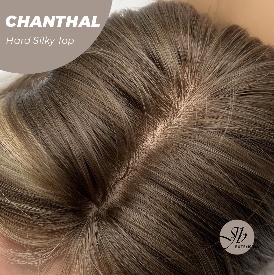 JBEXTENSION 25 Inches Scalpiana Brown with Blonde Highlight 3.5X4 Hard Silky Top Natural Scalp Effect Wig With Bangs CHANTHAL Alexwigs
