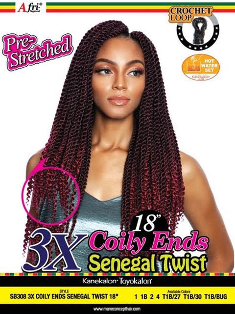 Mane Concept Afri Naptural Crochet Loop Pre-Stretched Braid - SB308 3X COILY ENDS SENEGAL TWIST 18" Alexwigs