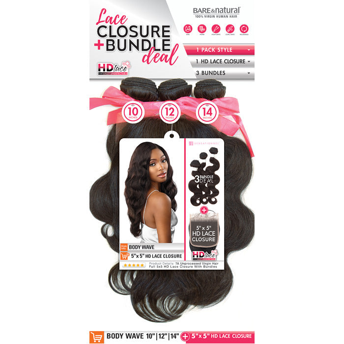 Sensationnel Bare & Natural 100% Virgin Human Hair 5x5 HD Lace Closure 3 Bundles Weave - BODY WAVE 10-22" Alexwigs