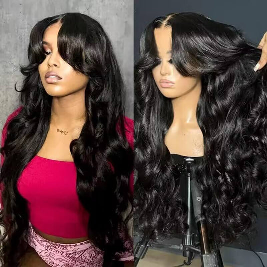 13x6 Full Lace Frontal Pre-Styled Loose Body Wave Wigs With Curtain Bangs Human Hair Pre Bleached Brailian Wigs For Women Alexwigs