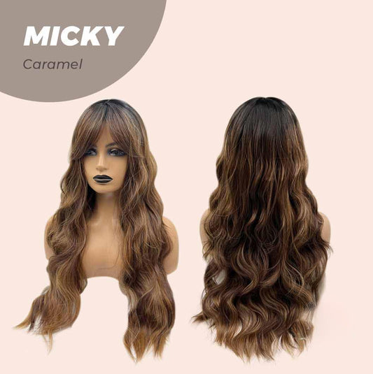 JBEXTENSION 26 Inches Caramel Body Wave With Dark Root Wig With Bangs MICKY CARAMEL Alexwigs