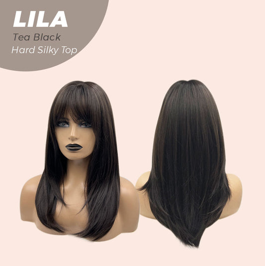 JBEXTENSION 20 Inches Scalpiana Tea Black Darkest Brown Wolf Cut 3.5X4 Hard Silky Top Natural Scalp Effect Wig With Bangs LILA TEA BLACK Alexwigs
