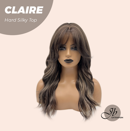 JBEXTENSION 22 Inches Scalpiana Brown With Highlight 3.5X4 Hard Silky Top Natural Scalp Effect Women Wig With Bangs CLAIRE SILKY TOP Alexwigs