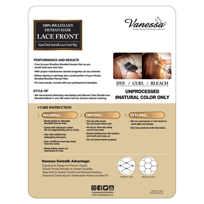 Vanessa 100% Unprocessed Human Hair Swissilk Lace Front Wig - TJH DAINA Alexwigs