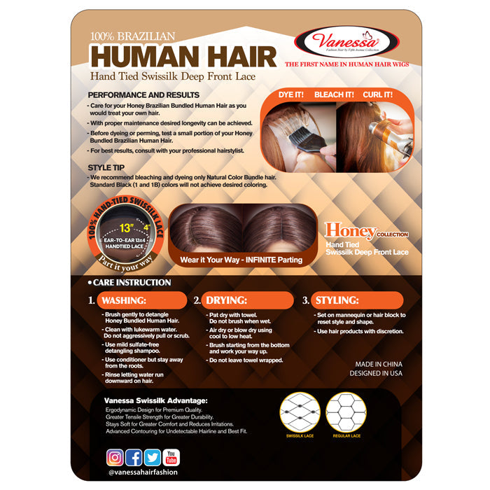 Vanessa 100% Brazilian Human Hair 13X4 Swissilk Lace Front Wig - TH34 STR 20 Alexwigs