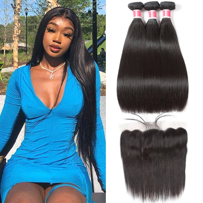 10A Grade Brazilian Straight Virgin Hair Weave 3 Bundles With Lace Frontal 13x4 Ear To Ear Alexwigs