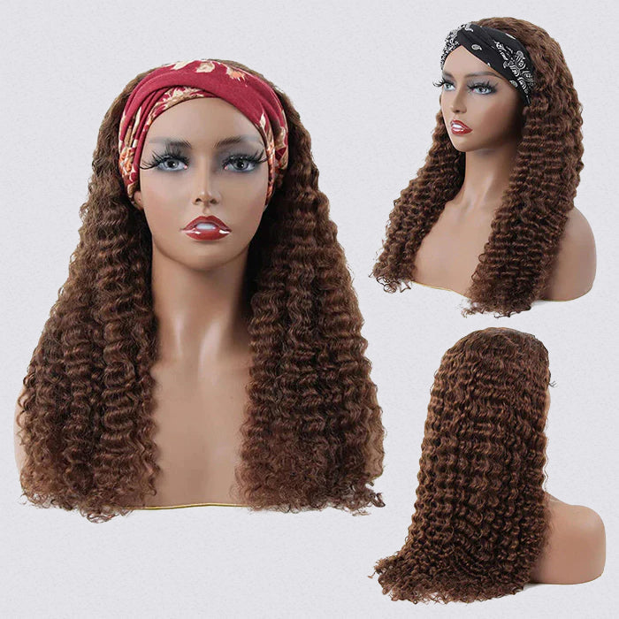 #4 Chocolate Brown Headband Wigs Virgin Human Hair No Gel No Glue Silk Scarf Wigs Alexwigs