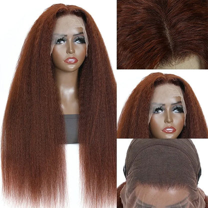 #33 Red Brown Auburn Colored Kinky Straight 13x4/5x5 HD Transparent Lace Frontal Wigs Alexwigs