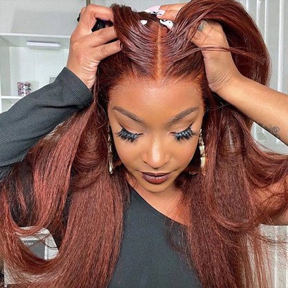 #33 Red Brown Auburn Colored Kinky Straight 13x4/5x5 HD Transparent Lace Frontal Wigs Alexwigs
