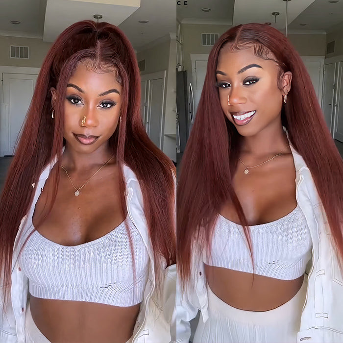 #33 Red Brown Auburn Colored Kinky Straight 13x4/5x5 HD Transparent Lace Frontal Wigs Alexwigs