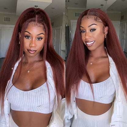 #33 Red Brown Auburn Colored Kinky Straight 13x4/5x5 HD Transparent Lace Frontal Wigs Alexwigs