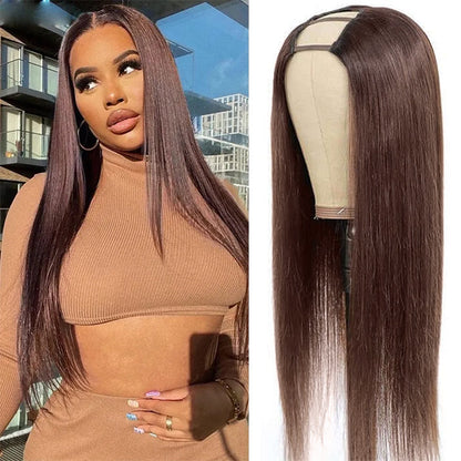 #4 Chocolate Brown Straight V/U Part Wig No Leave Out Glueless Human Hair Wigs Beginner Friendly Alexwigs