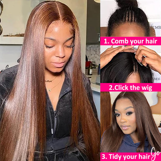 #4 Chocolate Brown Straight V/U Part Wig No Leave Out Glueless Human Hair Wigs Beginner Friendly Alexwigs