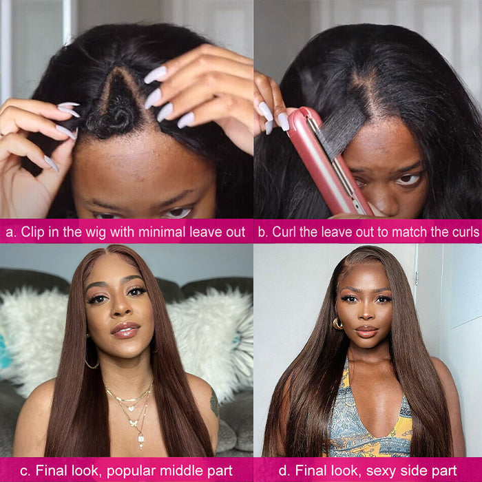 #4 Chocolate Brown Straight V/U Part Wig No Leave Out Glueless Human Hair Wigs Beginner Friendly Alexwigs