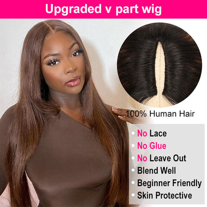 #4 Chocolate Brown Straight V/U Part Wig No Leave Out Glueless Human Hair Wigs Beginner Friendly Alexwigs