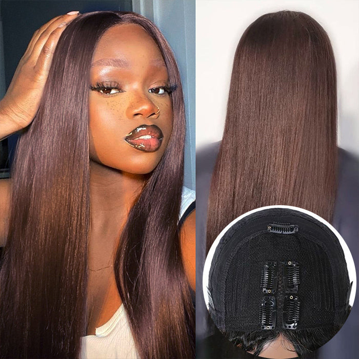 #4 Chocolate Brown Straight V/U Part Wig No Leave Out Glueless Human Hair Wigs Beginner Friendly Alexwigs