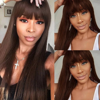#4 Chocolate Brown Straight Wig With Bangs Glueless Top 2x4 Lace Wig With Bangs Alexwigs