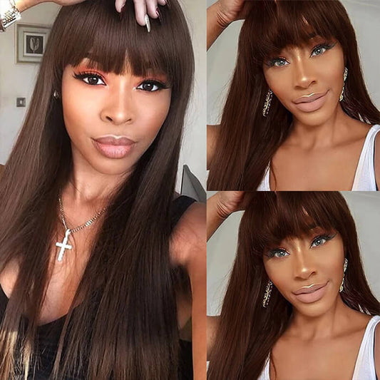 #4 Chocolate Brown Straight Wig With Bangs Glueless Top 2x4 Lace Wig With Bangs Alexwigs