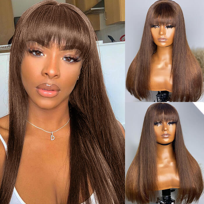 #4 Chocolate Brown Straight Wig With Bangs Glueless Top 2x4 Lace Wig With Bangs Alexwigs