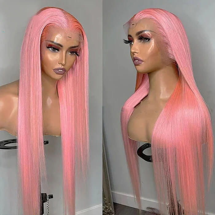 13x4 HD Lace Frontal  Human Hair Wigs Straight Pink Color Wig For Women Pre Plucked Bleached Knots Alexwigs