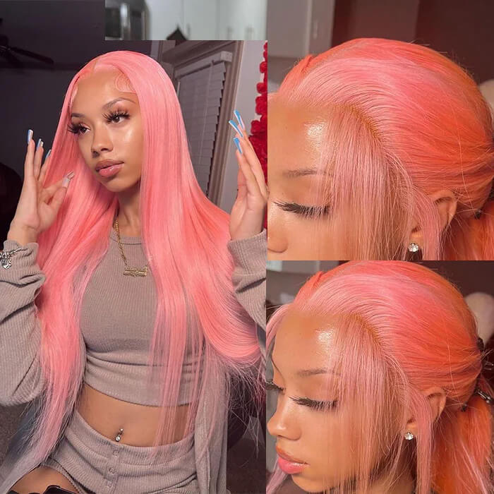 13x4 HD Lace Frontal  Human Hair Wigs Straight Pink Color Wig For Women Pre Plucked Bleached Knots Alexwigs