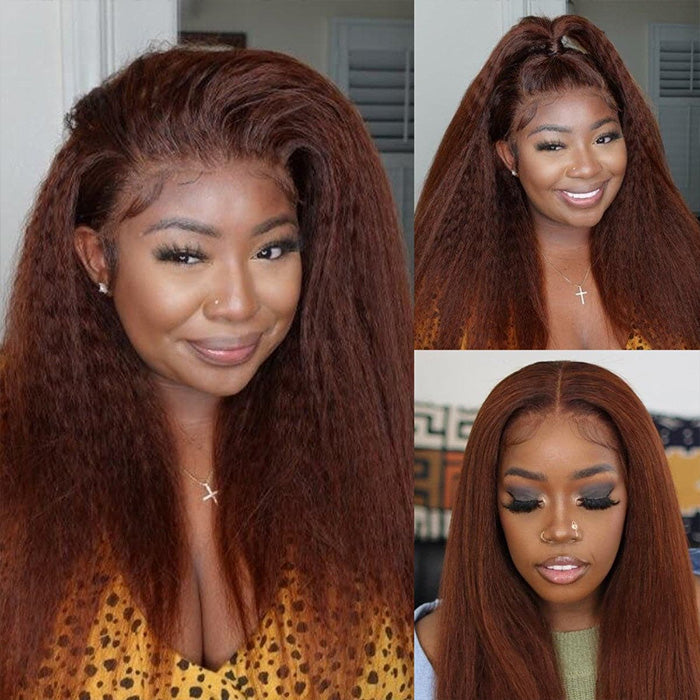 #33 Red Brown Auburn Colored Kinky Straight 13x6 HD Transparent Lace Frontal Wigs Alexwigs