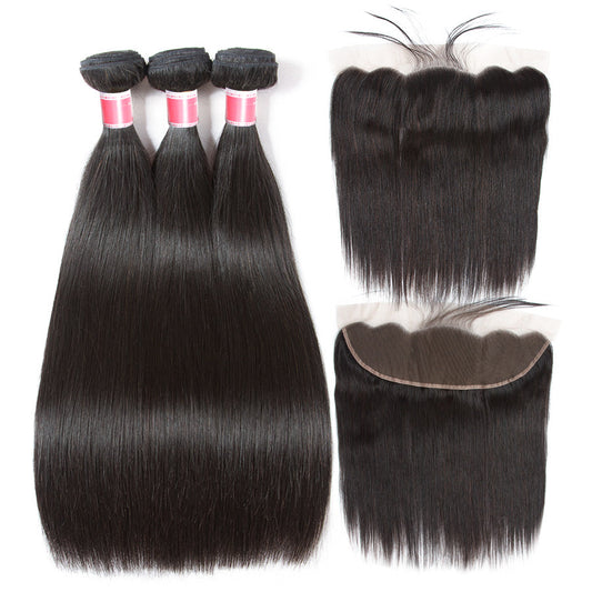 10A Grade Brazilian Straight Virgin Hair Weave 3 Bundles With Lace Frontal 13x4 Ear To Ear Alexwigs