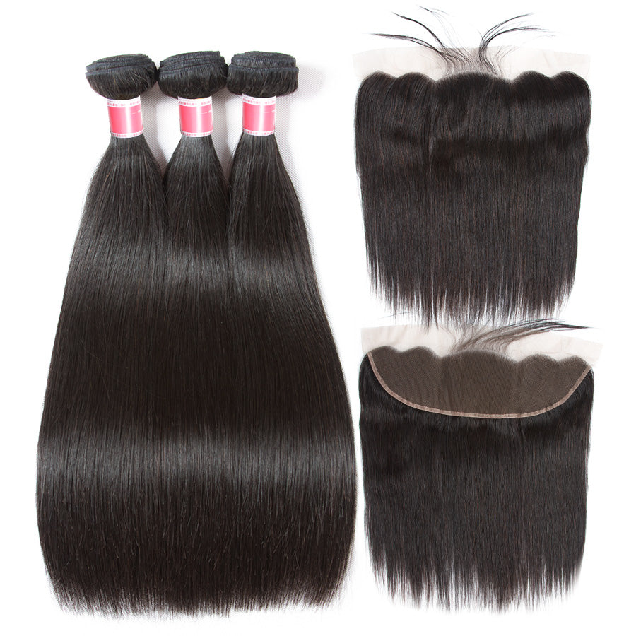 10A Grade Brazilian Straight Virgin Hair Weave 3 Bundles With Lace Frontal 13x4 Ear To Ear Alexwigs