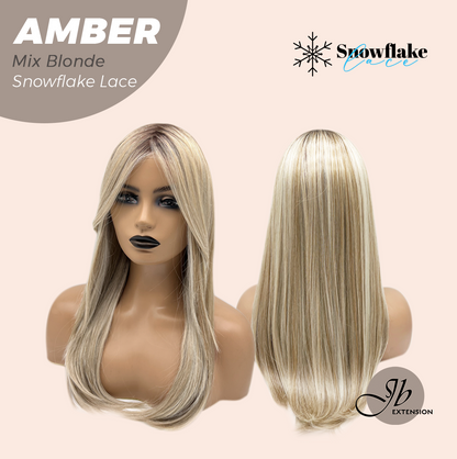 JBEXTENSION 21 Inches Straight Mix Blonde Pre-Cut T Part Snowflake Lace Frontlace Glueless Wig AMBER MIX BLONDE【BENDY EAR TABS】 Alexwigs