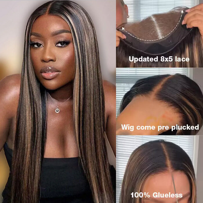 #P1B/27 Blonde Highlight 8x5Pre Cut Lace Closure Wigs Put On And Go Quick & Easy Glueless Wig Alexwigs