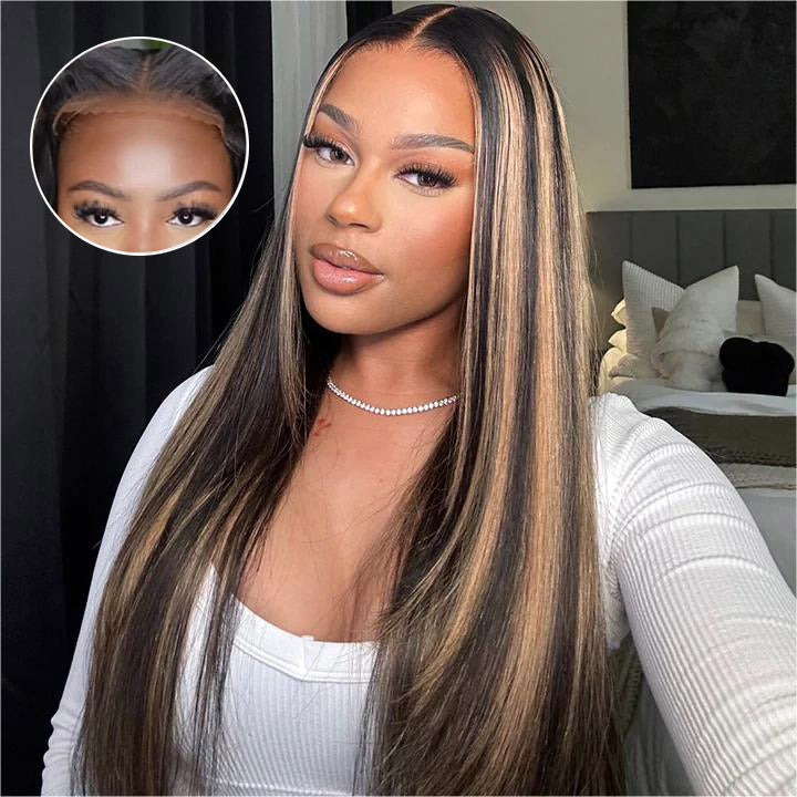 #P1B/27 Blonde Highlight 8x5Pre Cut Lace Closure Wigs Put On And Go Quick & Easy Glueless Wig Alexwigs