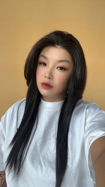 JBEXTENSION 25 Inches Natural Black Pre-Cut Snowflake Lace Frontlace Glueless Wig DARCI NATURAL BLACK【PERMATEASE】【BENDY EAR TABS】 Alexwigs