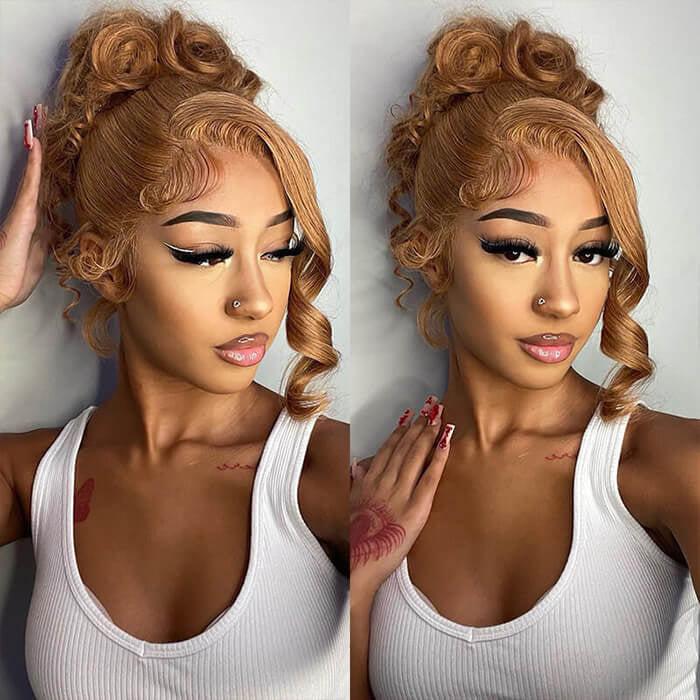#27 Honey Blonde Color Invisible-Pull String 360 Lace Frontal Wigs Glueless HD Lace Wigs With Pre Plucked Alexwigs