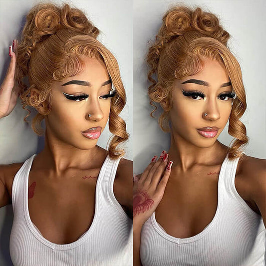#27 Honey Blonde Color Invisible-Pull String 360 Lace Frontal Wigs Glueless HD Lace Wigs With Pre Plucked Alexwigs