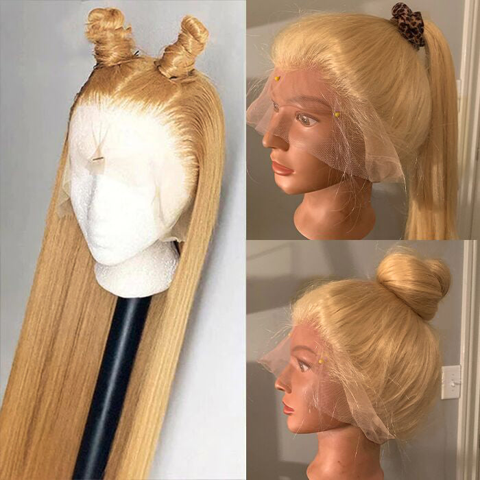 #27 Honey Blonde Color Invisible-Pull String 360 Lace Frontal Wigs Glueless HD Lace Wigs With Pre Plucked Alexwigs