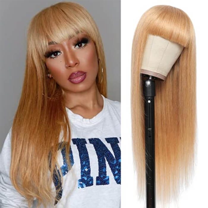 #27 Honey Blonde Human Hair Wigs with Bangs 13x4 HD Lace Wig/Full Machine Made Wig With Bangs Alexwigs