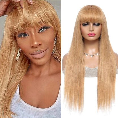 #27 Honey Blonde Human Hair Wigs with Bangs 13x4 HD Lace Wig/Full Machine Made Wig With Bangs Alexwigs