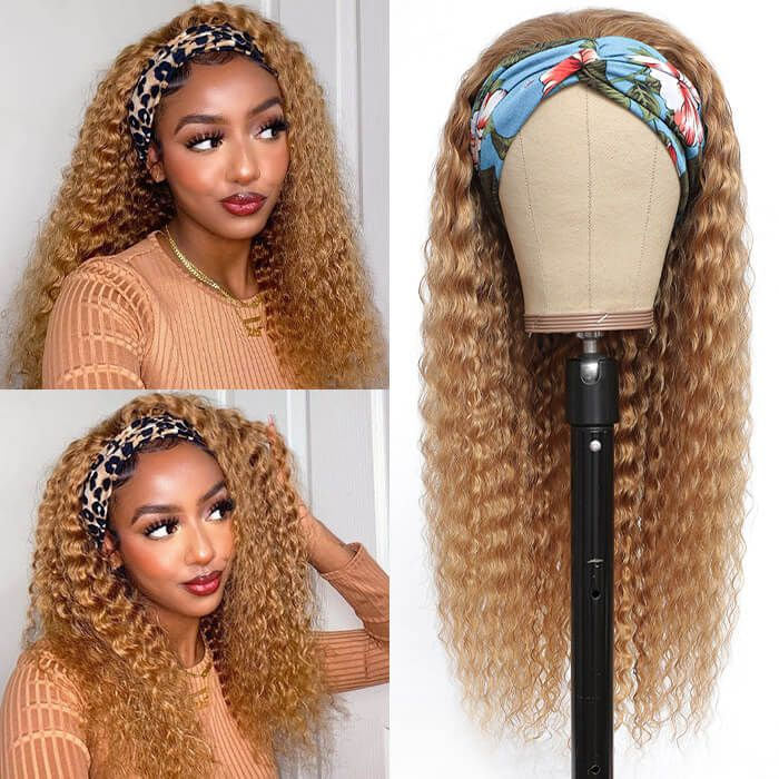#27 Honey Blonde Headband Wigs Deep Wave Virgin Human Hair Alexwigs