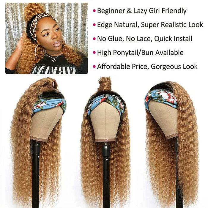 #27 Honey Blonde Headband Wigs Deep Wave Virgin Human Hair Alexwigs