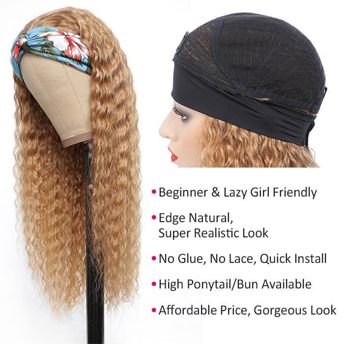 #27 Honey Blonde Headband Wigs Deep Wave Virgin Human Hair Alexwigs