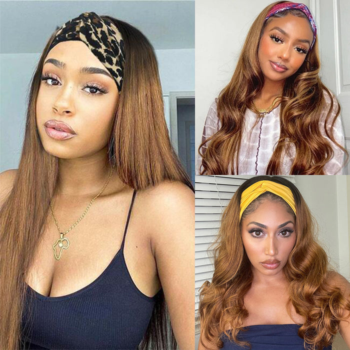 #30 Chestnut Brown Headband Wigs Straight/Body Wave Human Hair Half Wigs with Various Headbands Alexwigs