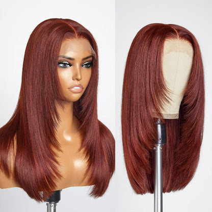 #33 Reddish Brown Layered Cut Straight Wigs 13x4/5x5 HD Lace Frontal Human Hair Wigs Alexwigs