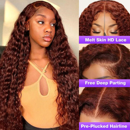 #33 Reddish Brown Color Water Wave 13x4 13x6 HD Lace Front Wigs Human Hair Pre Plucked Alexwigs