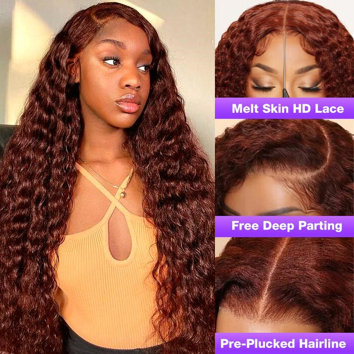 #33 Reddish Brown Color Water Wave 13x4 13x6 HD Lace Front Wigs Human Hair Pre Plucked Alexwigs